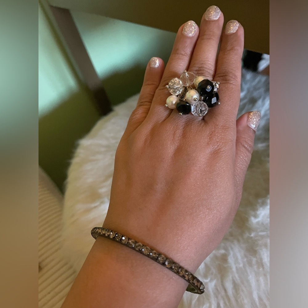 Set of smoky crystal bracelet and statement pearl and bead stretchable r…